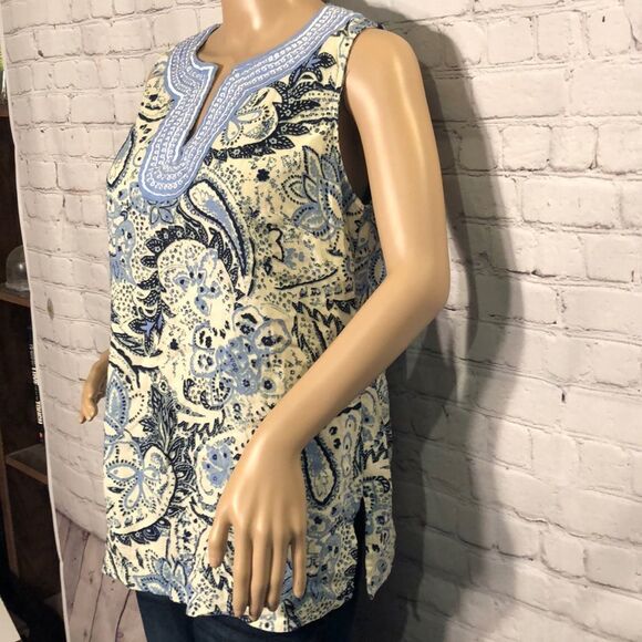 Carole Little Blue Paisley Sleeveless Top Linen L - Picture 5 of 10